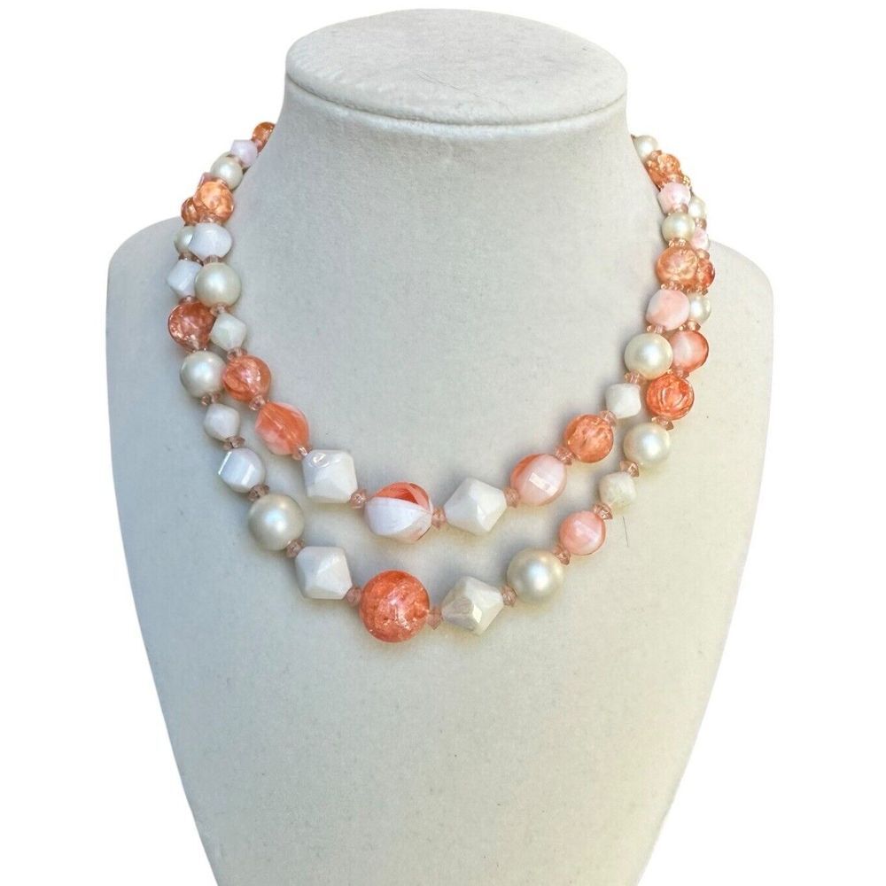 Vintage Signed Hong Kong Multi Strand Beaded Necklace Pastel Peach Orange White